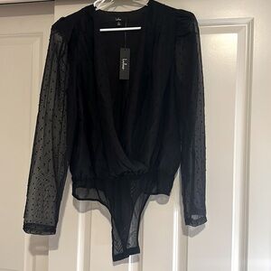NWT Women’s LuLus Black Long Sleeve Swiss Dot Body Suit in XL